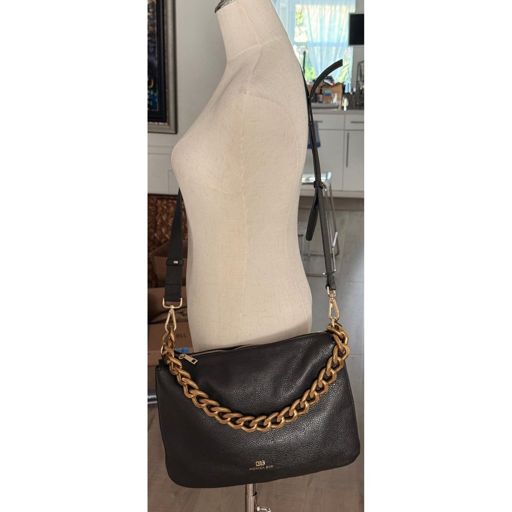 Monica Bini Black Leather Shoulder Bag Gold Chunky Chain Made in Italy New